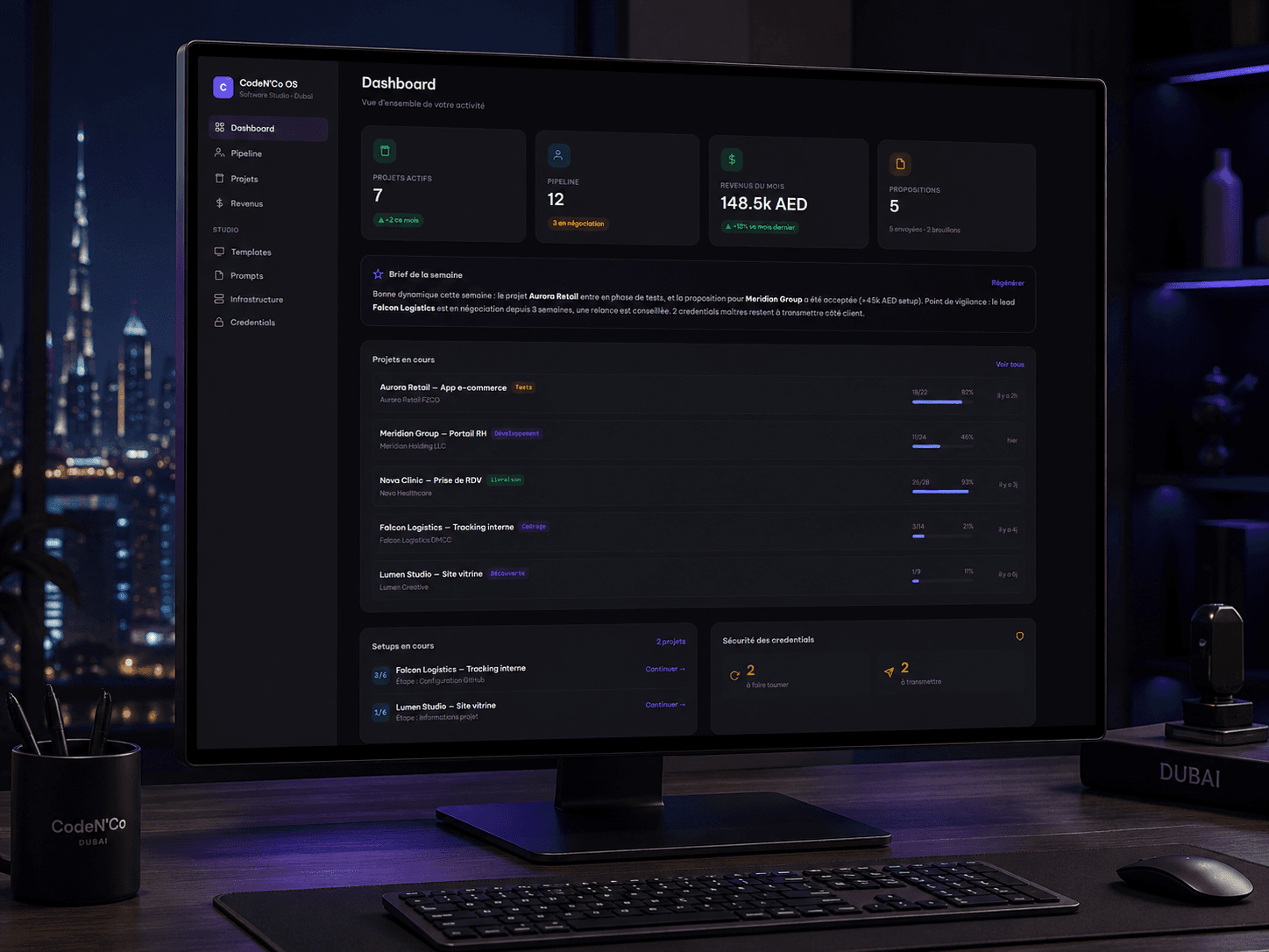 Dashboard de CodeN'Co OS : CRM, gestion de projets et agents IA