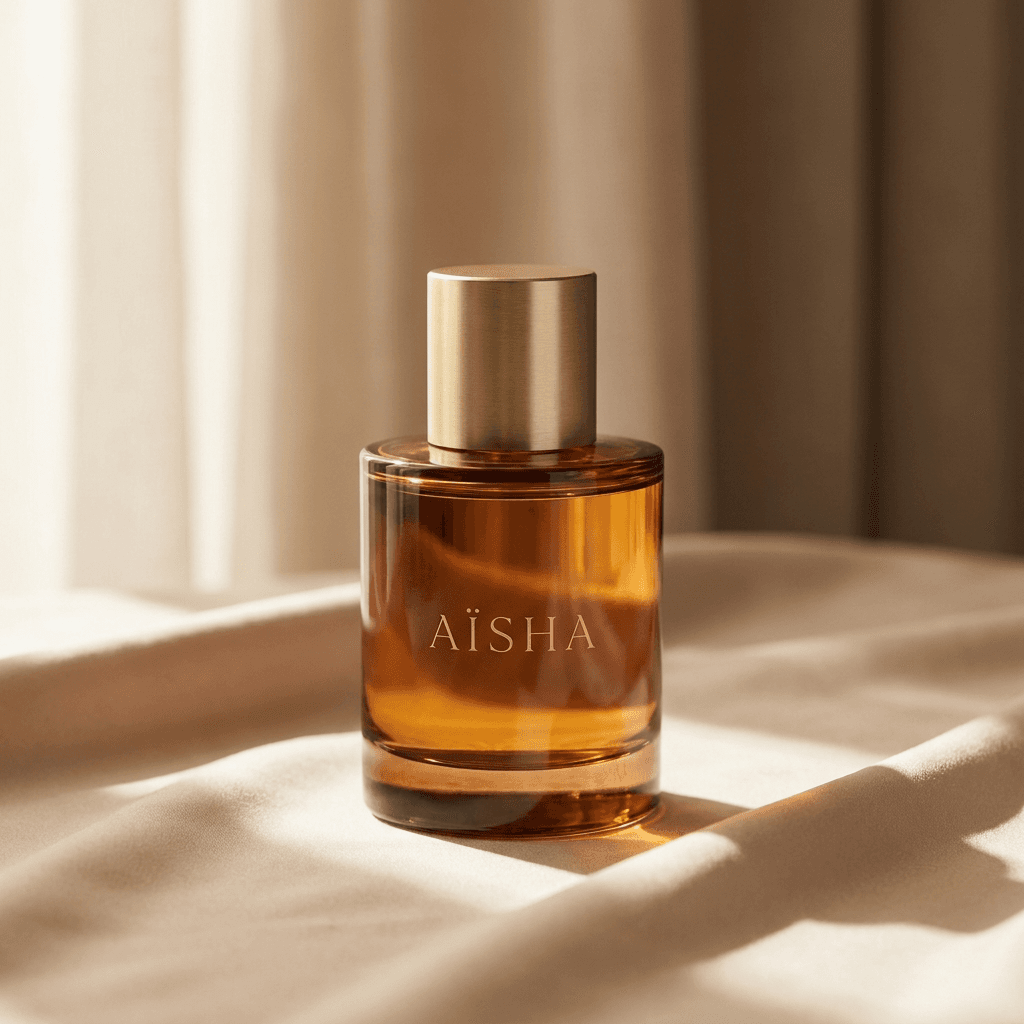 Flacon Aïsha Parfums posé sur une surface minérale, lumière tamisée