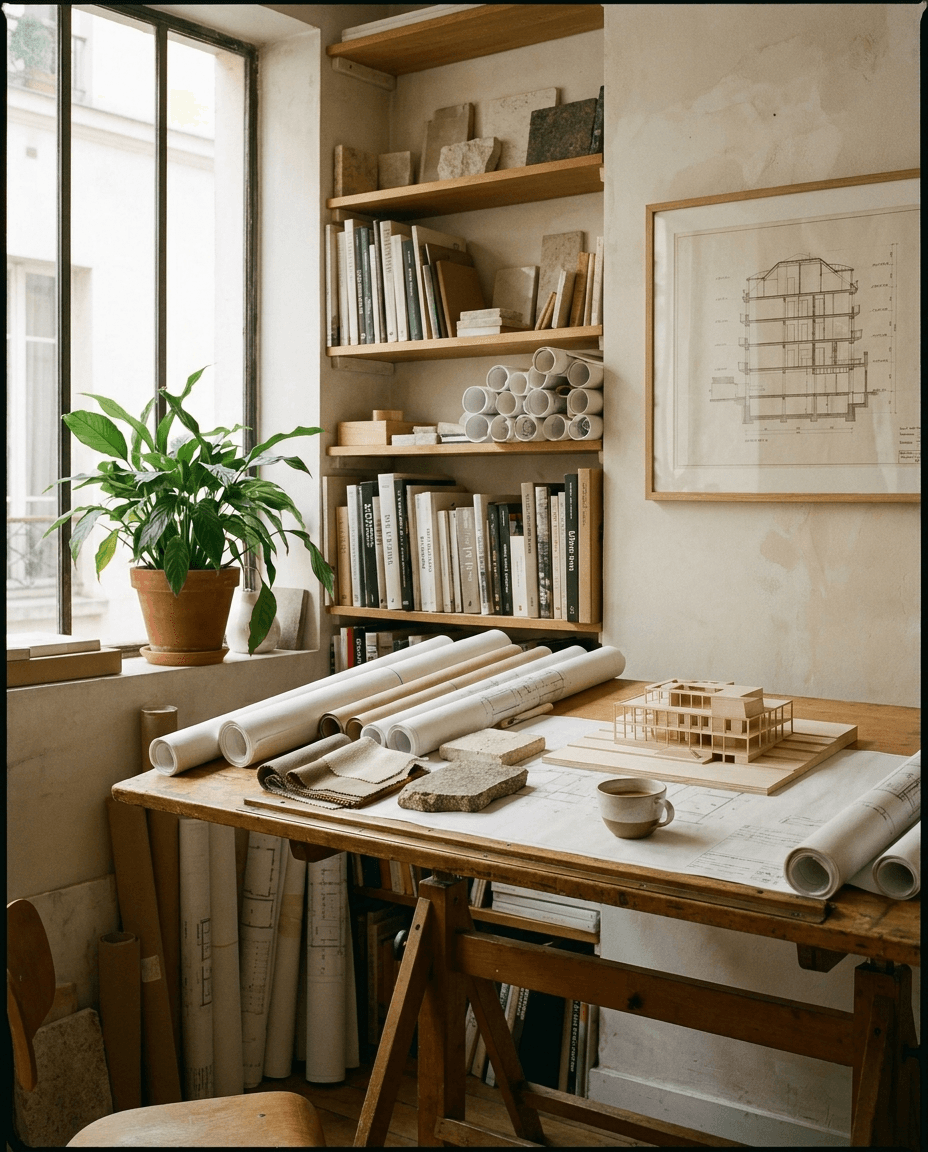 Atelier d'architecture, plans et croquis sur table en chêne