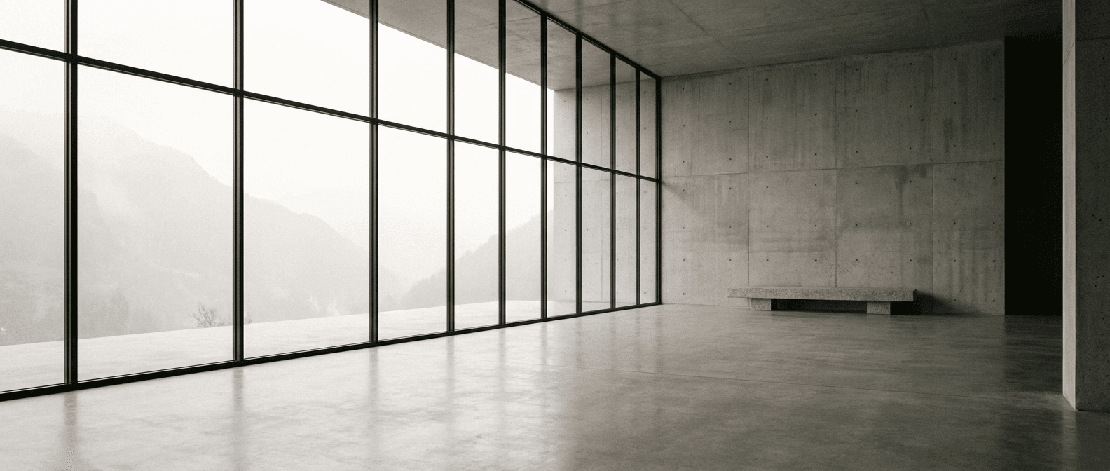 Couloir contemplatif baigné de lumière douce, mur de pierre