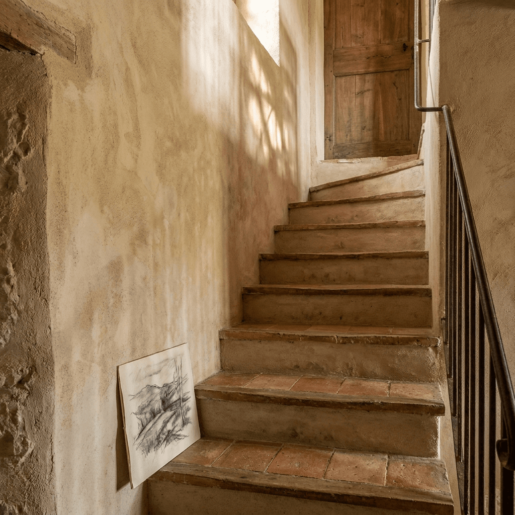 Sol en terre cuite ancienne, lumière rasante