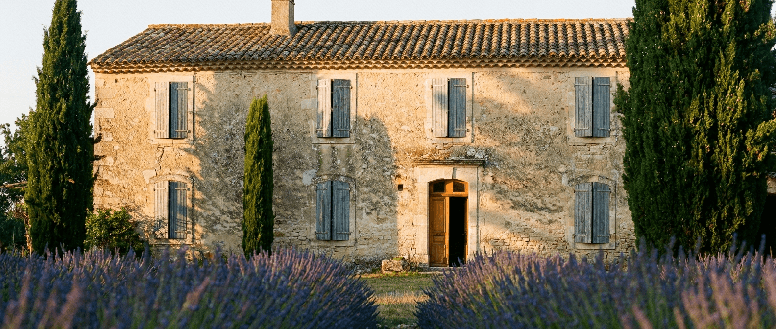 Vue intérieure d'une ferme provençale rénovée, pierre apparente et grandes ouvertures
