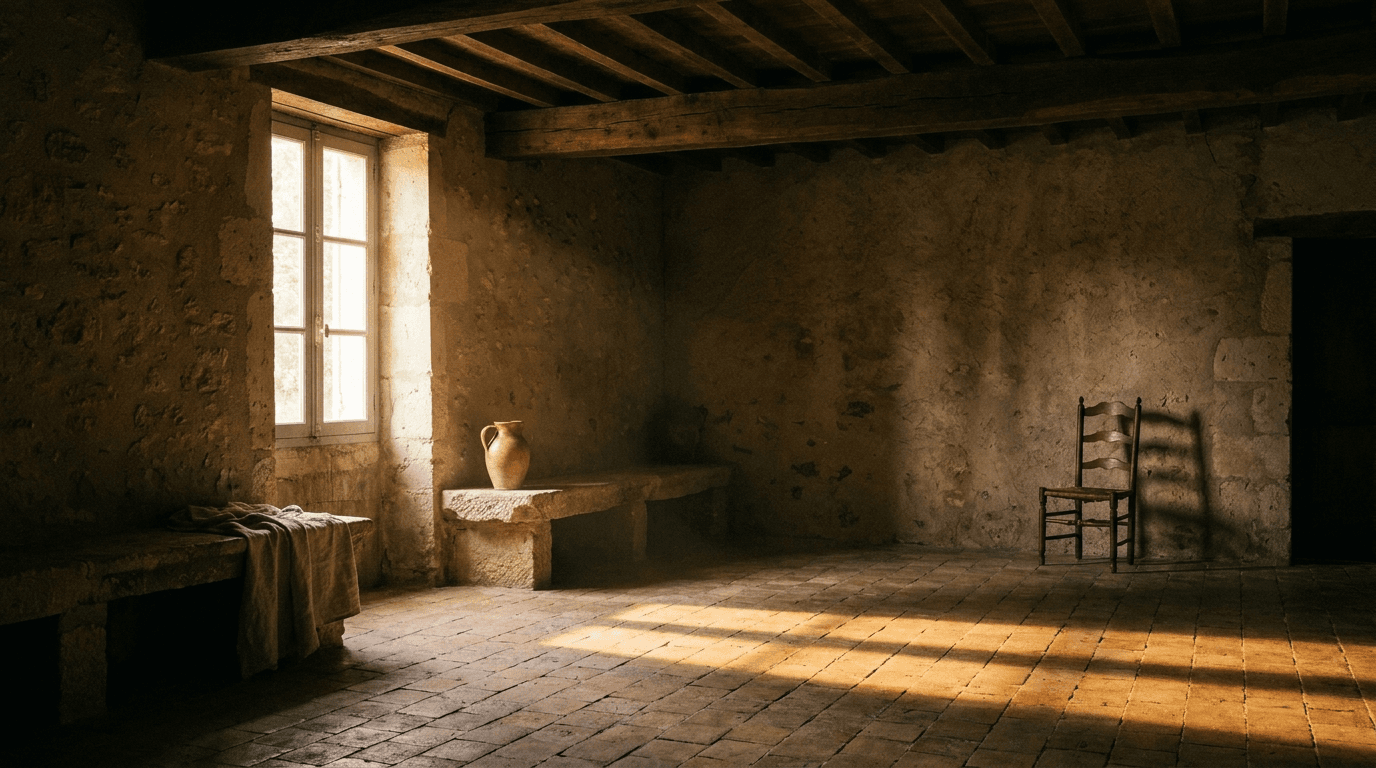Intérieur architectural minéral, bois chaud et lumière naturelle