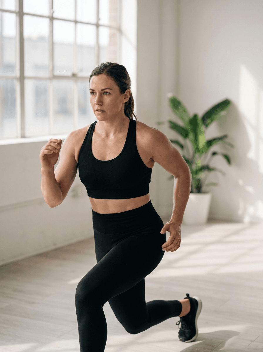 Femme en position d'entraînement, force et concentration